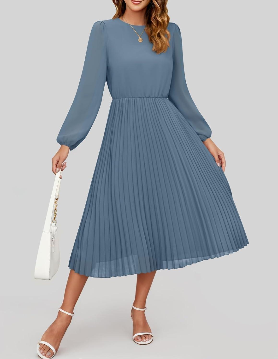 imageZESICA Womens Fall Long Sleeve Dresses 2025 Casual Crewneck Chiffon Swing Pleated A Line Cocktail Party Midi DressDusty Blue