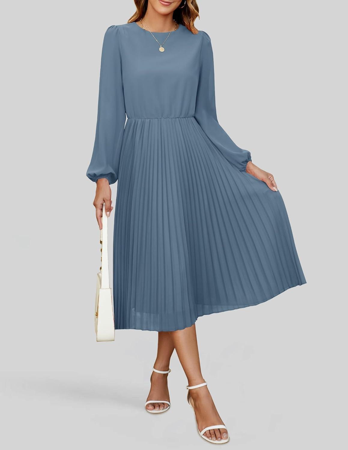imageZESICA Womens Fall Long Sleeve Dresses 2025 Casual Crewneck Chiffon Swing Pleated A Line Cocktail Party Midi DressDusty Blue