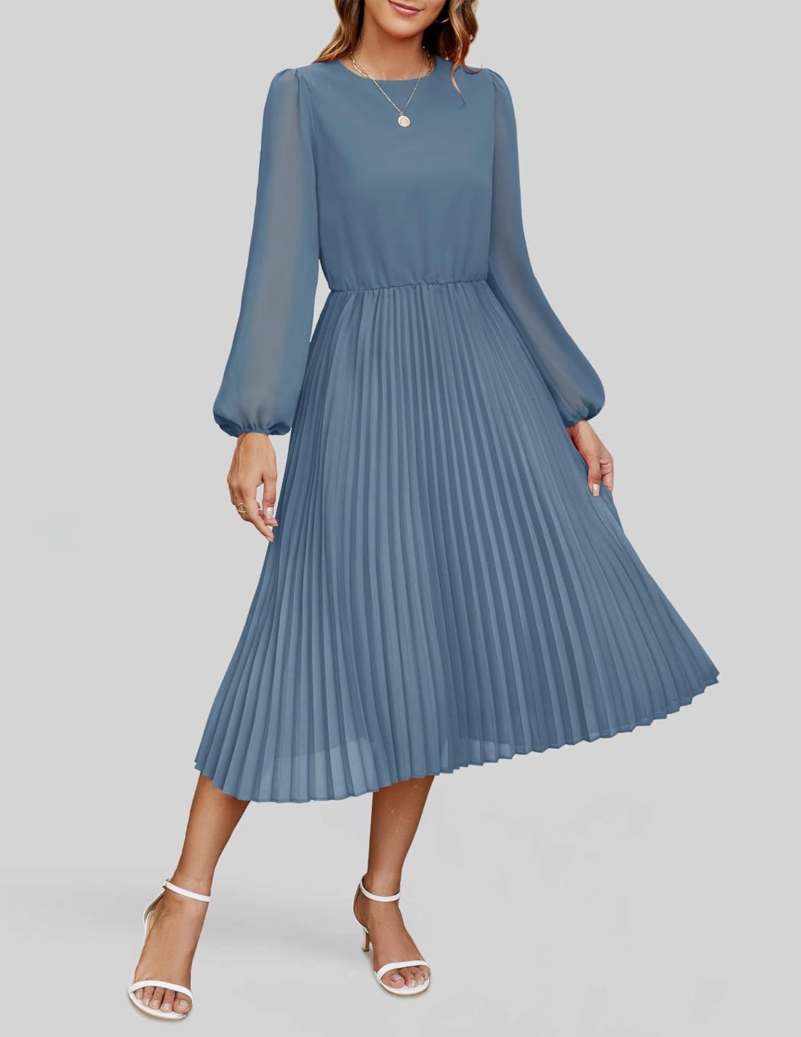 imageZESICA Womens Fall Long Sleeve Dresses 2025 Casual Crewneck Chiffon Swing Pleated A Line Cocktail Party Midi DressDusty Blue