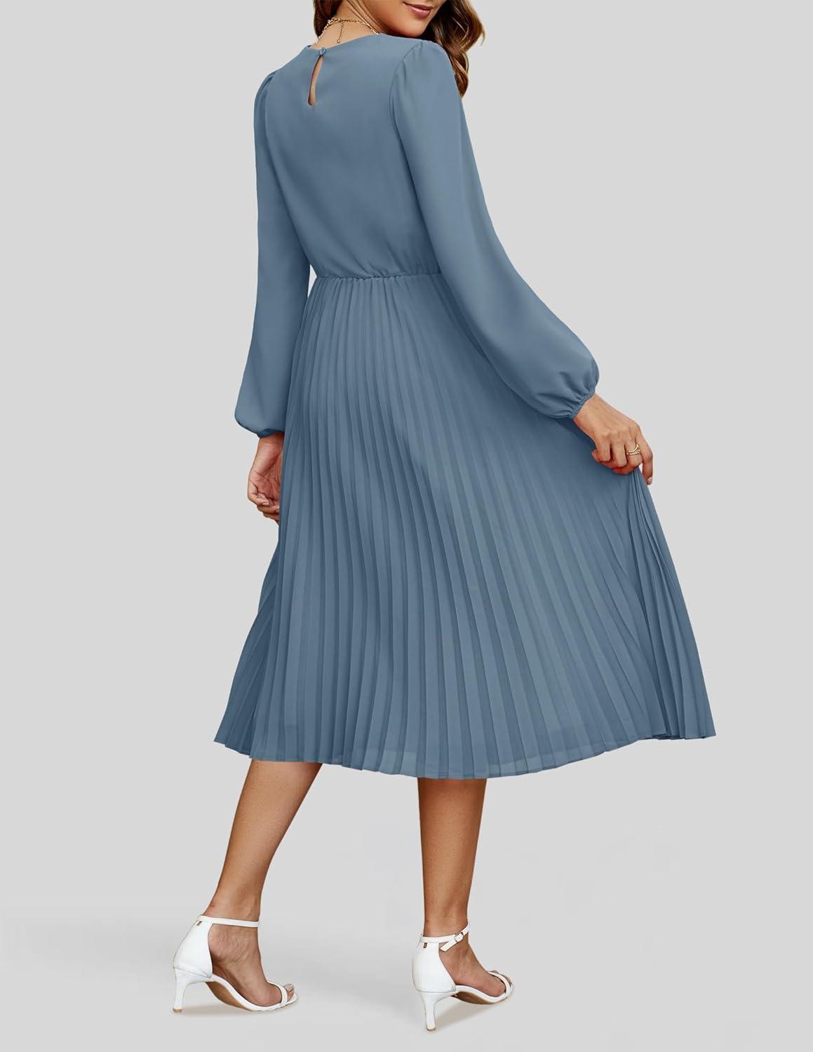 imageZESICA Womens Fall Long Sleeve Dresses 2025 Casual Crewneck Chiffon Swing Pleated A Line Cocktail Party Midi DressDusty Blue