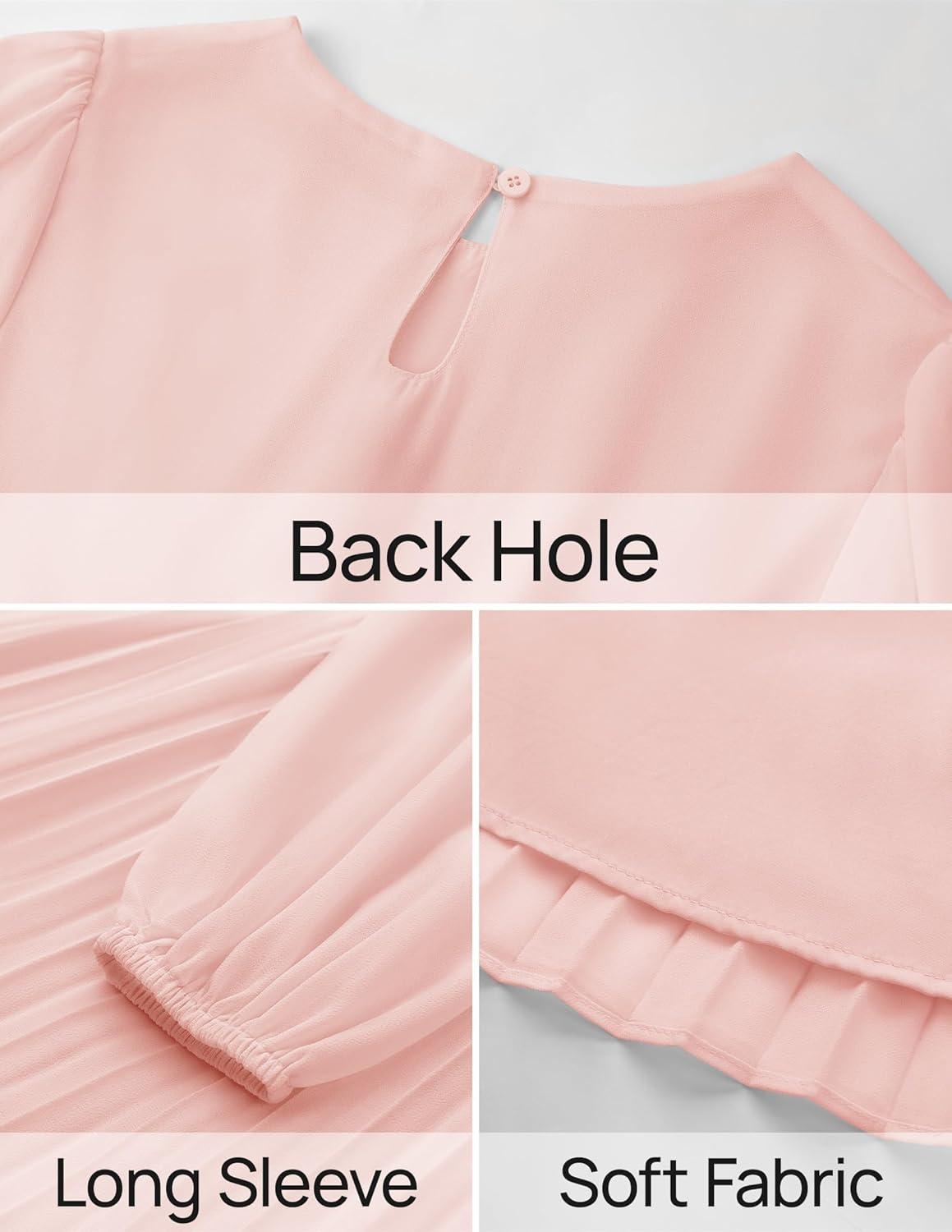 imageZESICA Womens Fall Long Sleeve Dresses 2025 Casual Crewneck Chiffon Swing Pleated A Line Cocktail Party Midi DressLight Pink