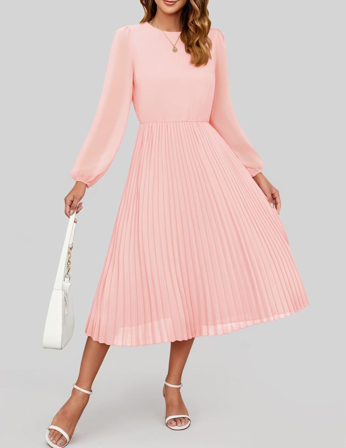 imageZESICA Womens Fall Long Sleeve Dresses 2025 Casual Crewneck Chiffon Swing Pleated A Line Cocktail Party Midi DressLight Pink