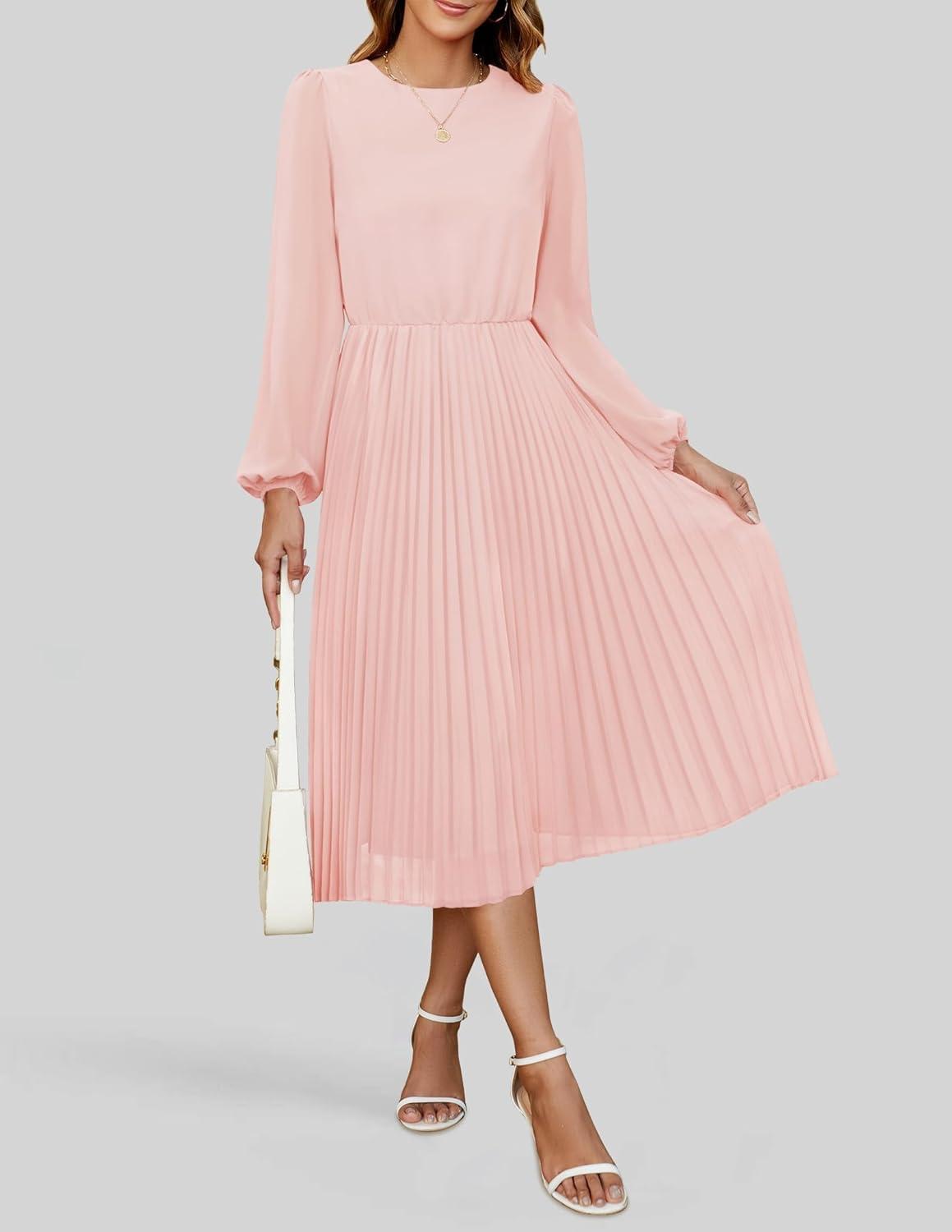 imageZESICA Womens Fall Long Sleeve Dresses 2025 Casual Crewneck Chiffon Swing Pleated A Line Cocktail Party Midi DressLight Pink