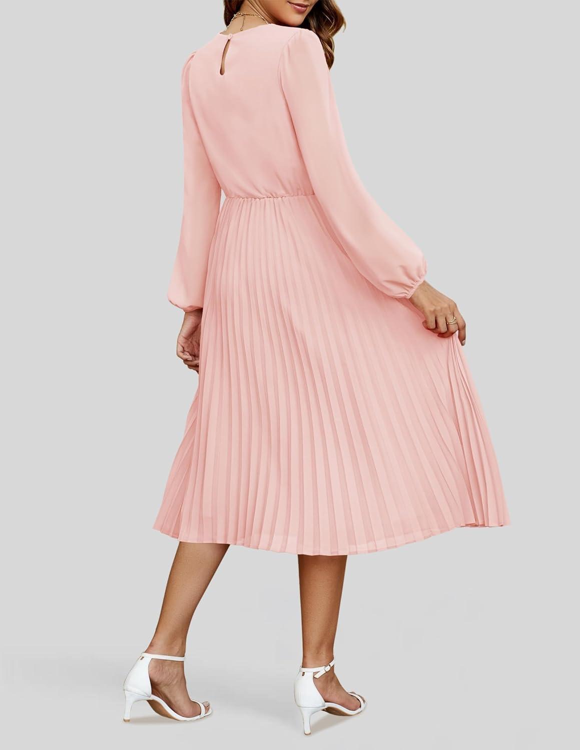 imageZESICA Womens Fall Long Sleeve Dresses 2025 Casual Crewneck Chiffon Swing Pleated A Line Cocktail Party Midi DressLight Pink