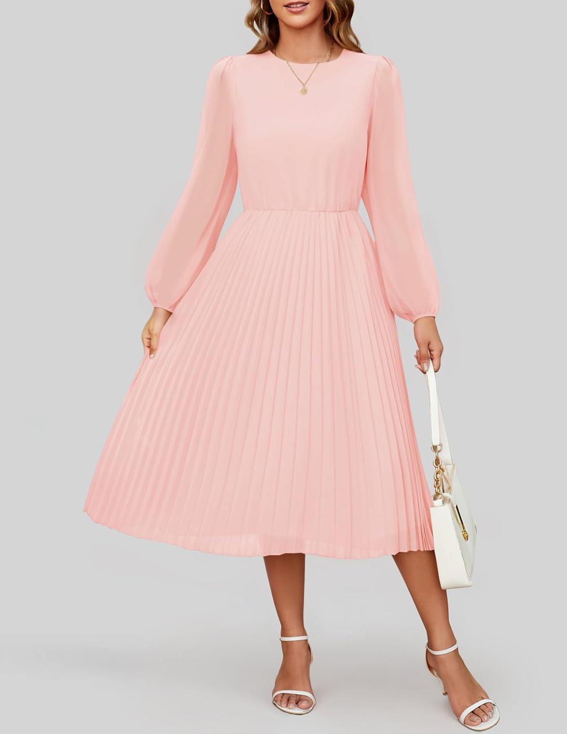 imageZESICA Womens Fall Long Sleeve Dresses 2025 Casual Crewneck Chiffon Swing Pleated A Line Cocktail Party Midi DressLight Pink