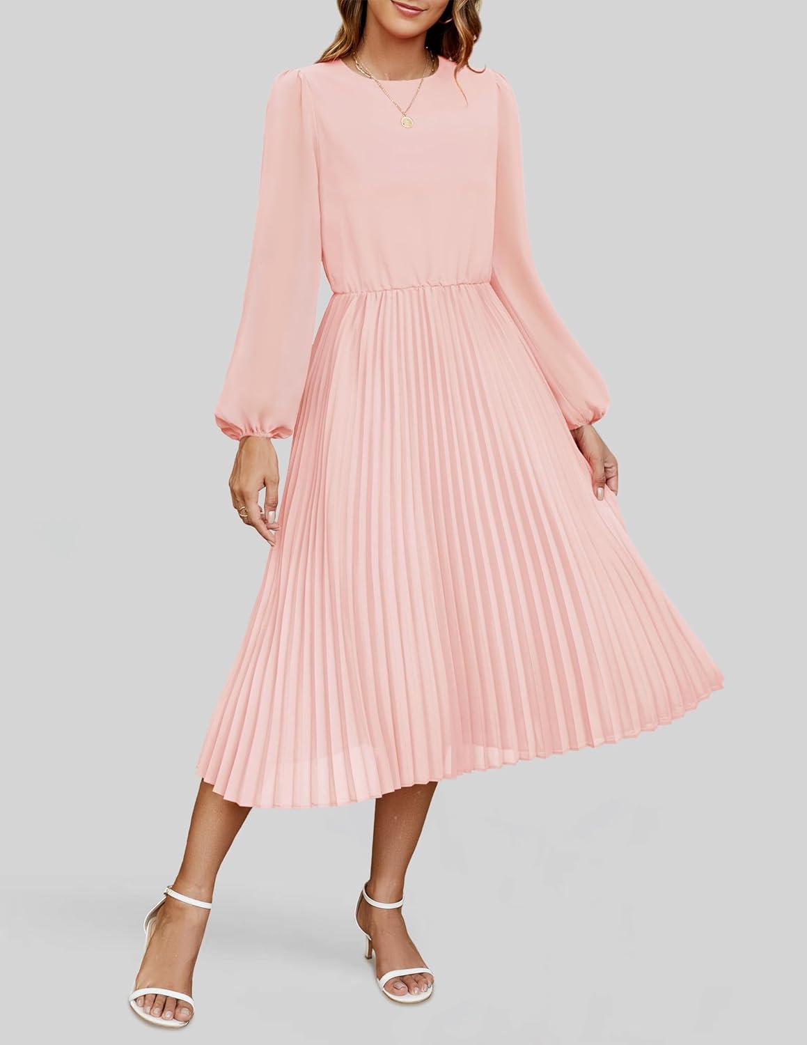 imageZESICA Womens Fall Long Sleeve Dresses 2025 Casual Crewneck Chiffon Swing Pleated A Line Cocktail Party Midi DressLight Pink