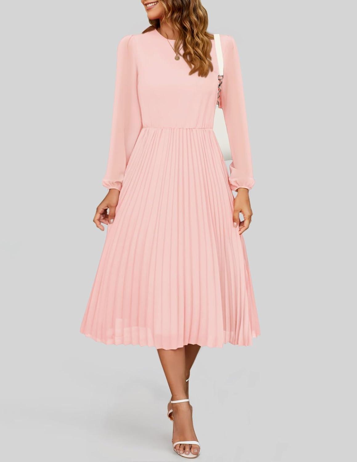 imageZESICA Womens Fall Long Sleeve Dresses 2025 Casual Crewneck Chiffon Swing Pleated A Line Cocktail Party Midi DressLight Pink