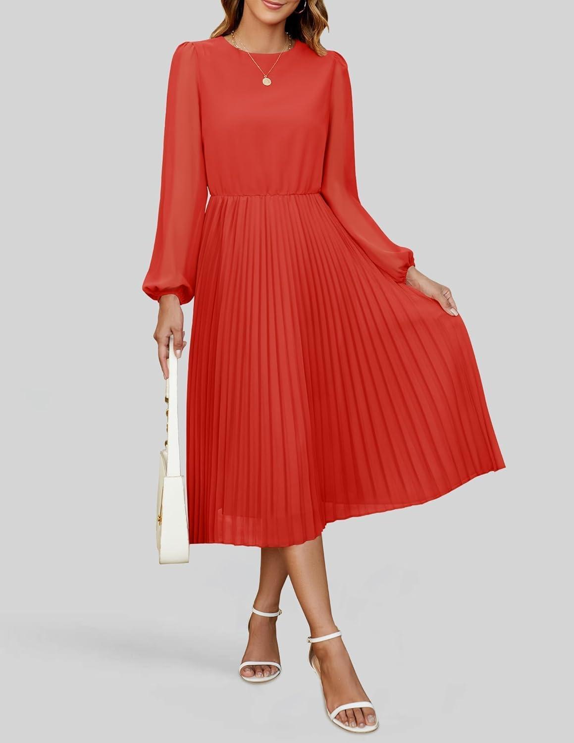 imageZESICA Womens Fall Long Sleeve Dresses 2025 Casual Crewneck Chiffon Swing Pleated A Line Cocktail Party Midi DressRed