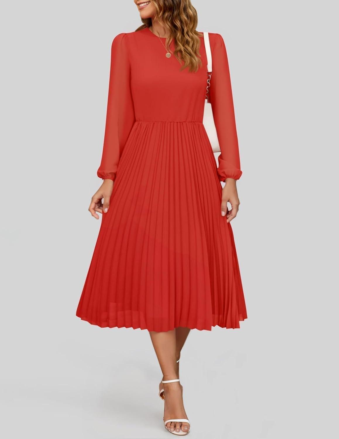 imageZESICA Womens Fall Long Sleeve Dresses 2025 Casual Crewneck Chiffon Swing Pleated A Line Cocktail Party Midi DressRed