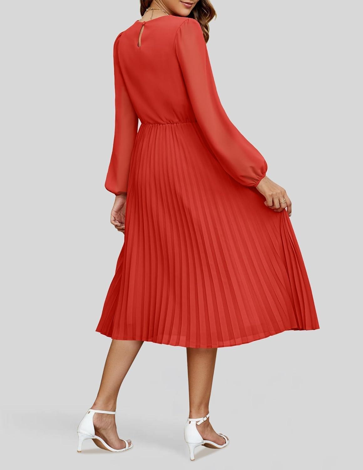 imageZESICA Womens Fall Long Sleeve Dresses 2025 Casual Crewneck Chiffon Swing Pleated A Line Cocktail Party Midi DressRed