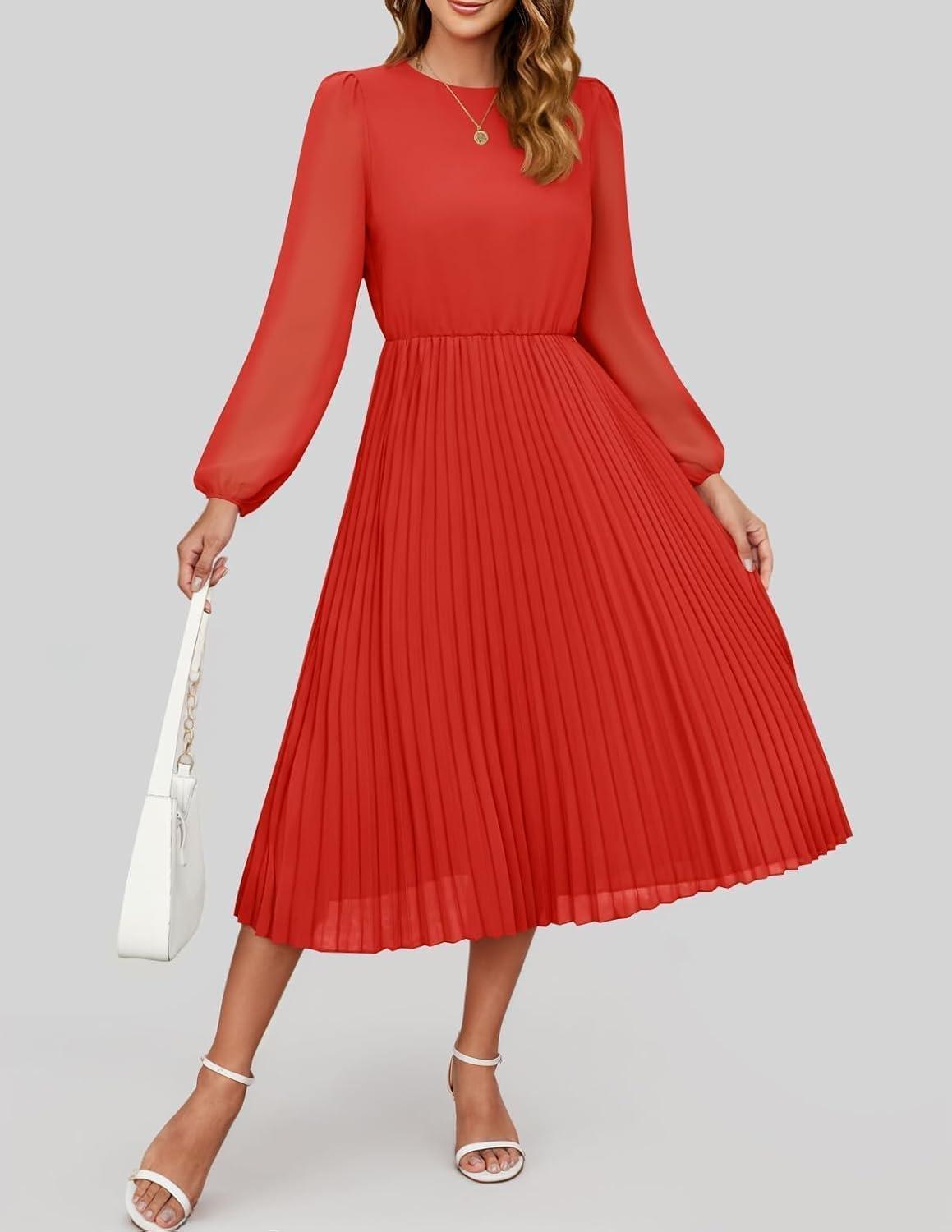 imageZESICA Womens Fall Long Sleeve Dresses 2025 Casual Crewneck Chiffon Swing Pleated A Line Cocktail Party Midi DressRed