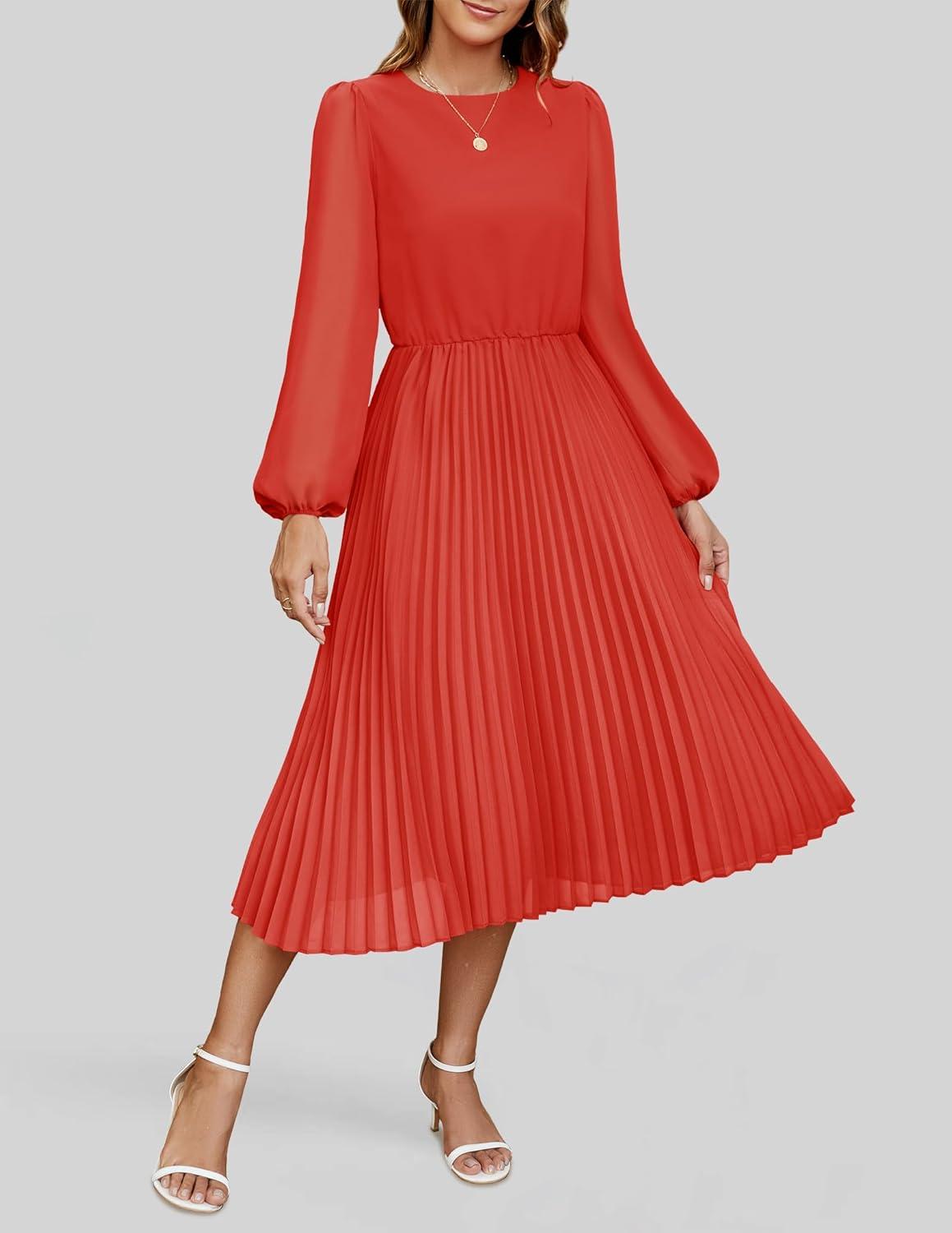 imageZESICA Womens Fall Long Sleeve Dresses 2025 Casual Crewneck Chiffon Swing Pleated A Line Cocktail Party Midi DressRed