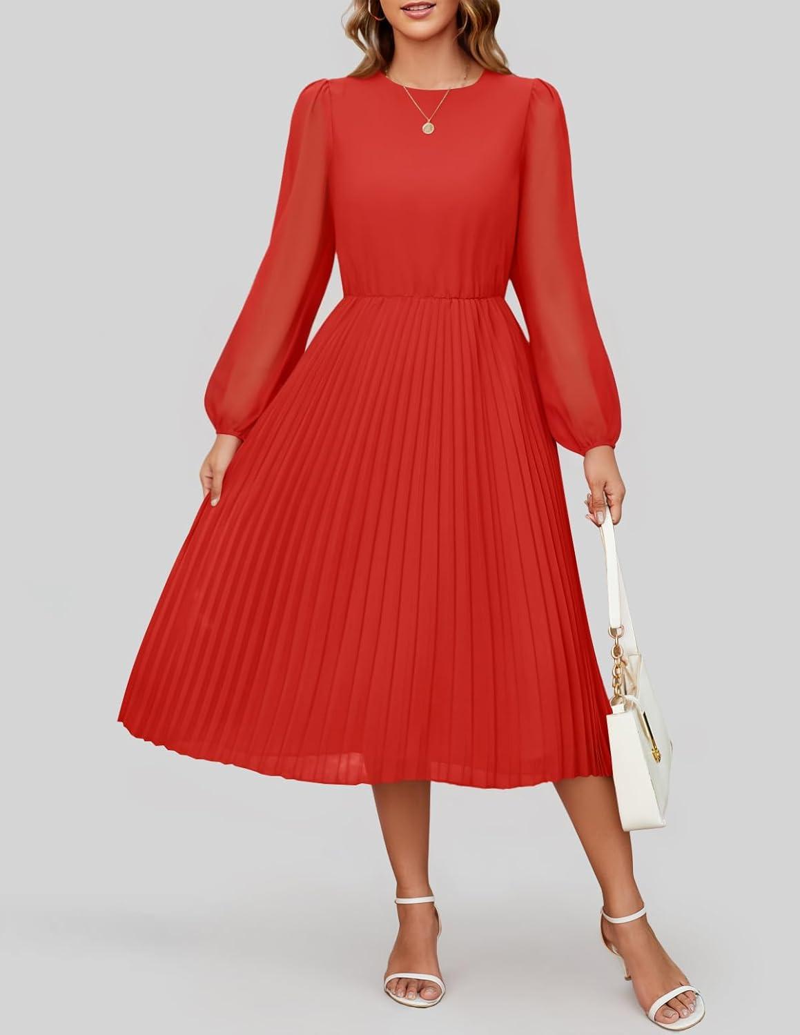 imageZESICA Womens Fall Long Sleeve Dresses 2025 Casual Crewneck Chiffon Swing Pleated A Line Cocktail Party Midi DressRed