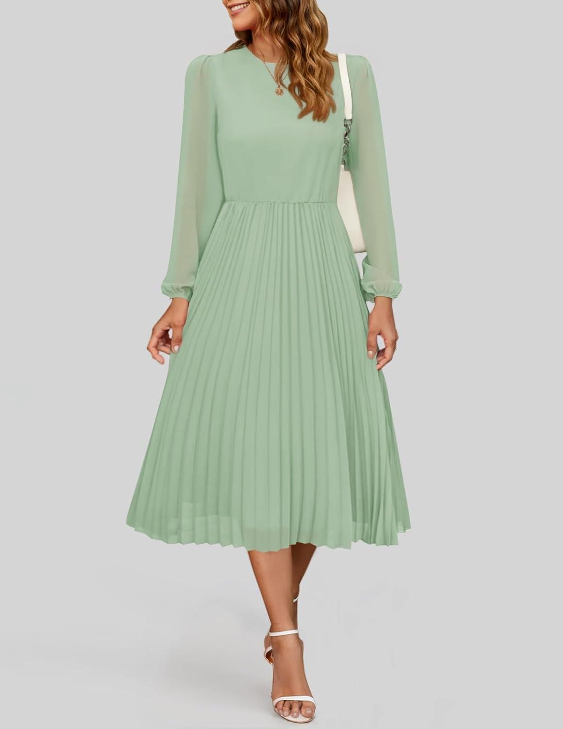 imageZESICA Womens Fall Long Sleeve Dresses 2025 Casual Crewneck Chiffon Swing Pleated A Line Cocktail Party Midi DressSage Green