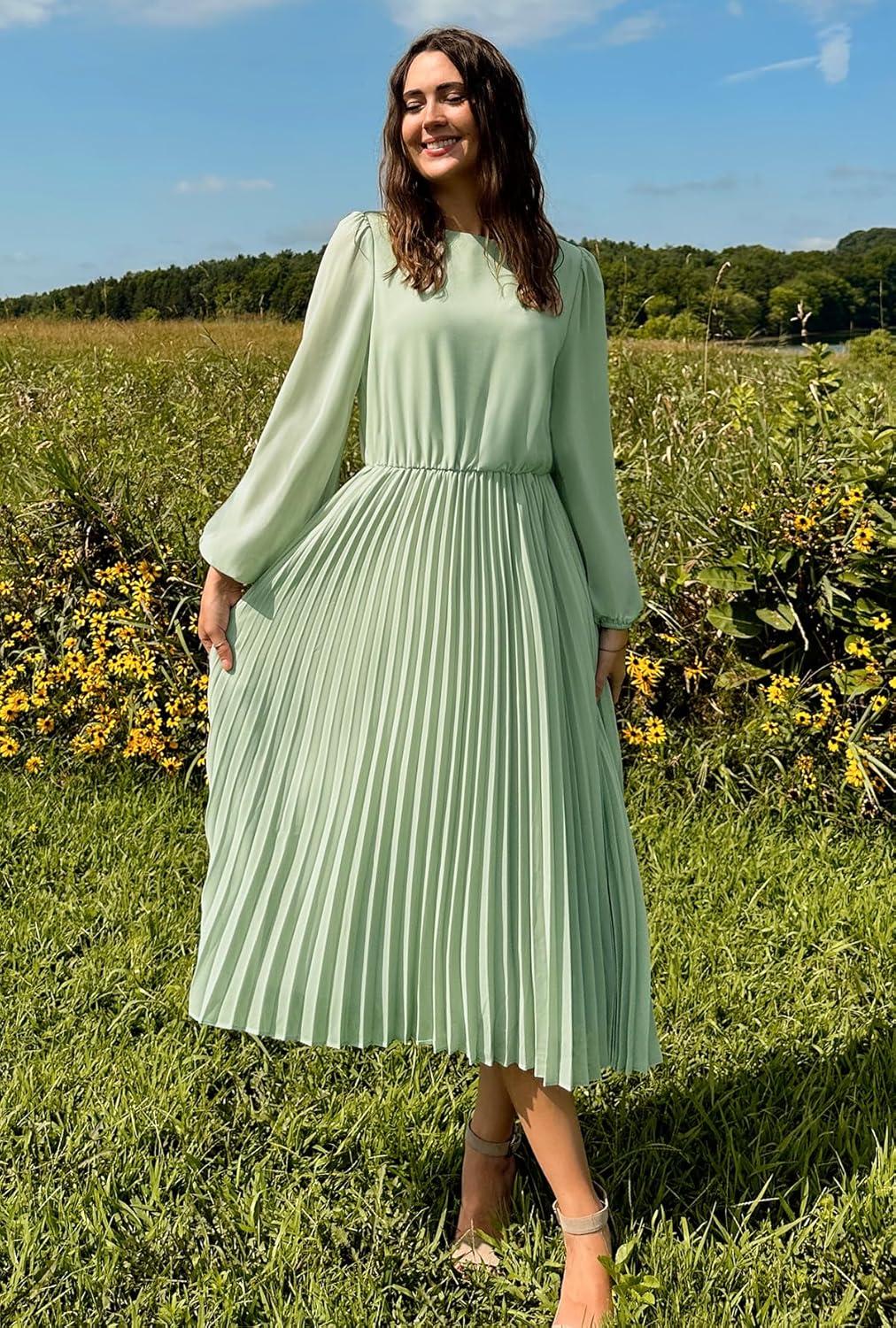 imageZESICA Womens Fall Long Sleeve Dresses 2025 Casual Crewneck Chiffon Swing Pleated A Line Cocktail Party Midi DressSage Green
