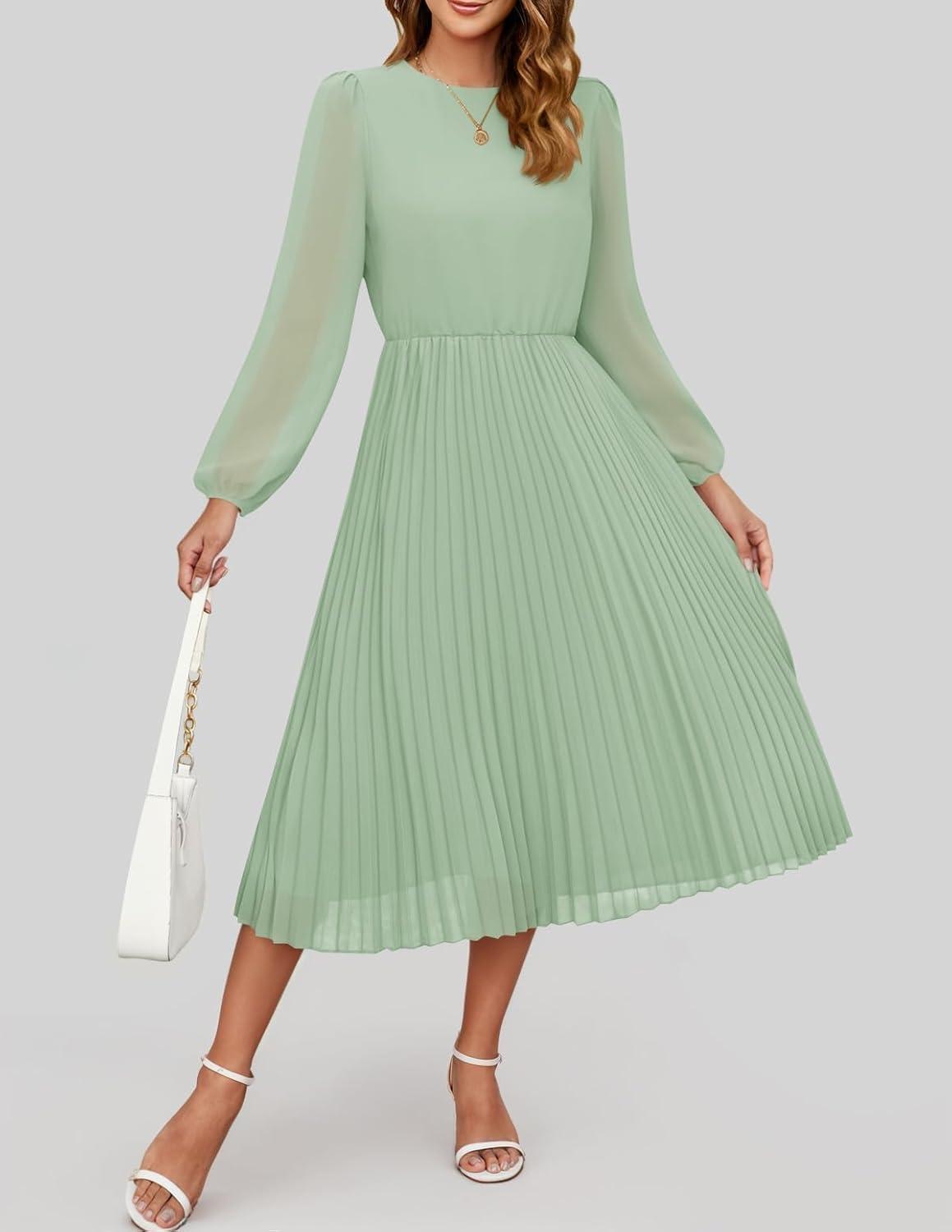 imageZESICA Womens Fall Long Sleeve Dresses 2025 Casual Crewneck Chiffon Swing Pleated A Line Cocktail Party Midi DressSage Green