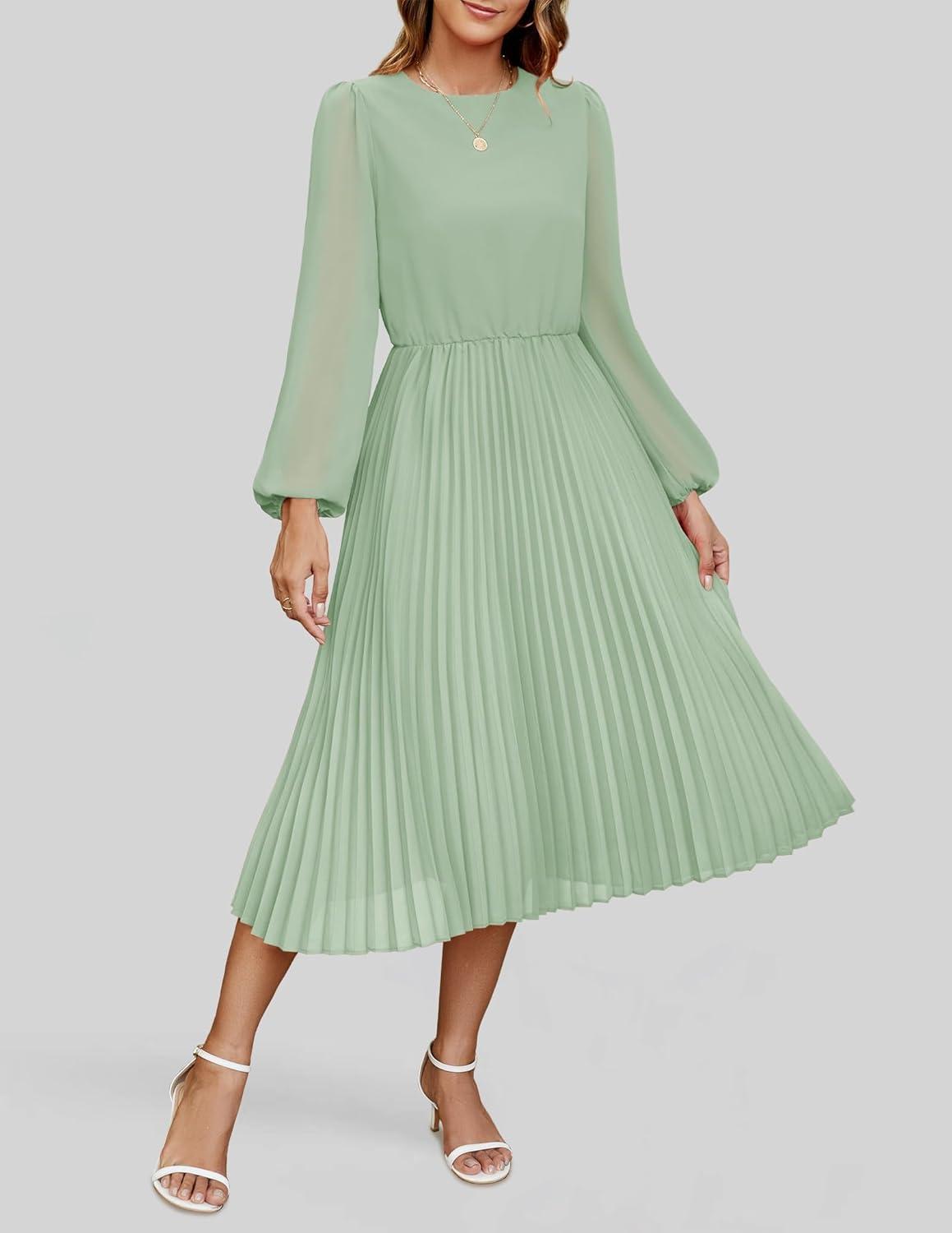 imageZESICA Womens Fall Long Sleeve Dresses 2025 Casual Crewneck Chiffon Swing Pleated A Line Cocktail Party Midi DressSage Green