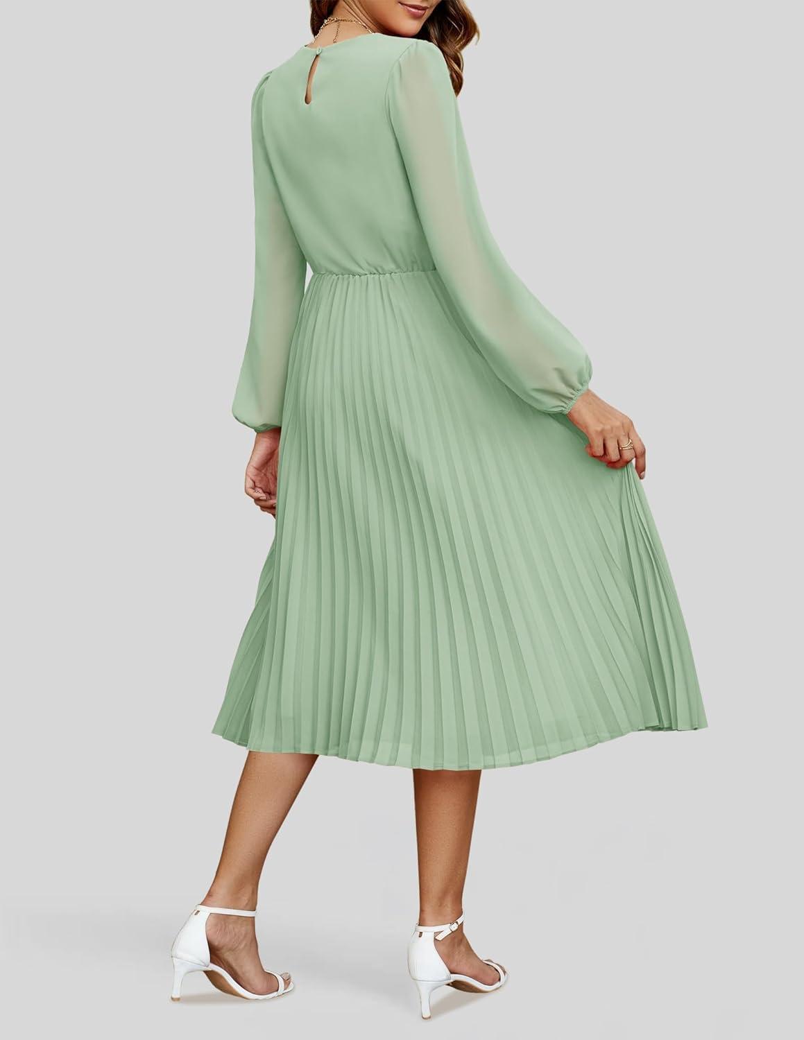 imageZESICA Womens Fall Long Sleeve Dresses 2025 Casual Crewneck Chiffon Swing Pleated A Line Cocktail Party Midi DressSage Green