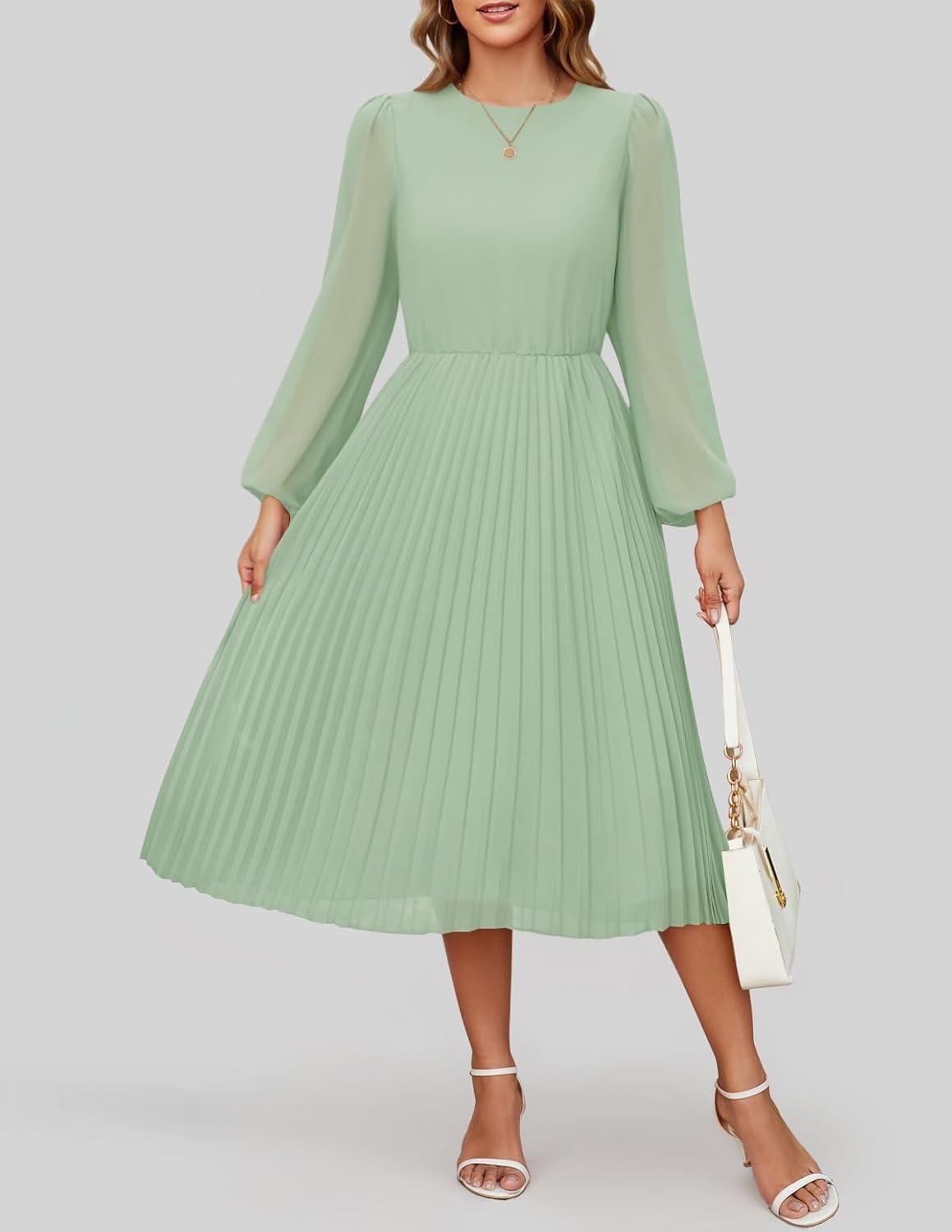 imageZESICA Womens Fall Long Sleeve Dresses 2025 Casual Crewneck Chiffon Swing Pleated A Line Cocktail Party Midi DressSage Green