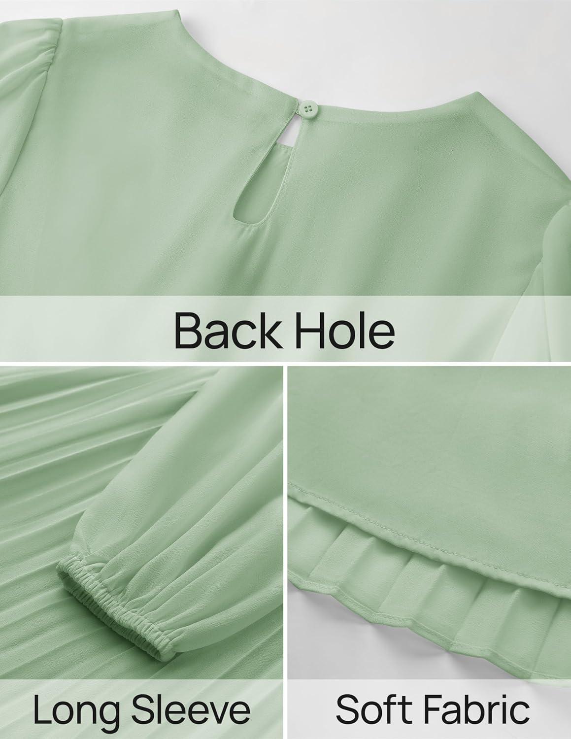 imageZESICA Womens Fall Long Sleeve Dresses 2025 Casual Crewneck Chiffon Swing Pleated A Line Cocktail Party Midi DressSage Green