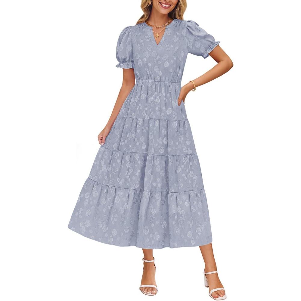 imageZESICA Womens 2025 Summer Puff Short Sleeve Midi Dress Floral V Neck Textured Ruffle Flowy Beach Party DressesDustyblue