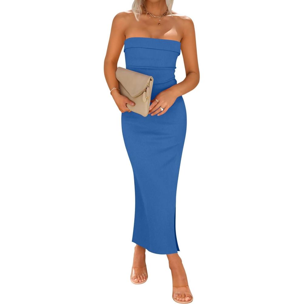 imageZESICA Womens 2025 Summer Strapless Bodycon Midi Dress Off Shoulder Strapless Side Slit Tube Long Club Party DressesCobalt