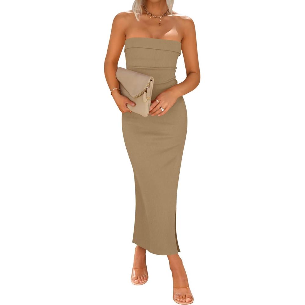 imageZESICA Womens 2025 Summer Strapless Bodycon Midi Dress Off Shoulder Strapless Side Slit Tube Long Club Party DressesKhaki