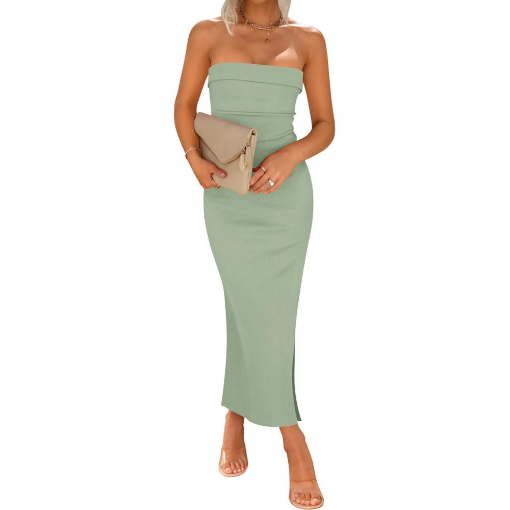 imageZESICA Womens 2025 Summer Strapless Bodycon Midi Dress Off Shoulder Strapless Side Slit Tube Long Club Party DressesSage