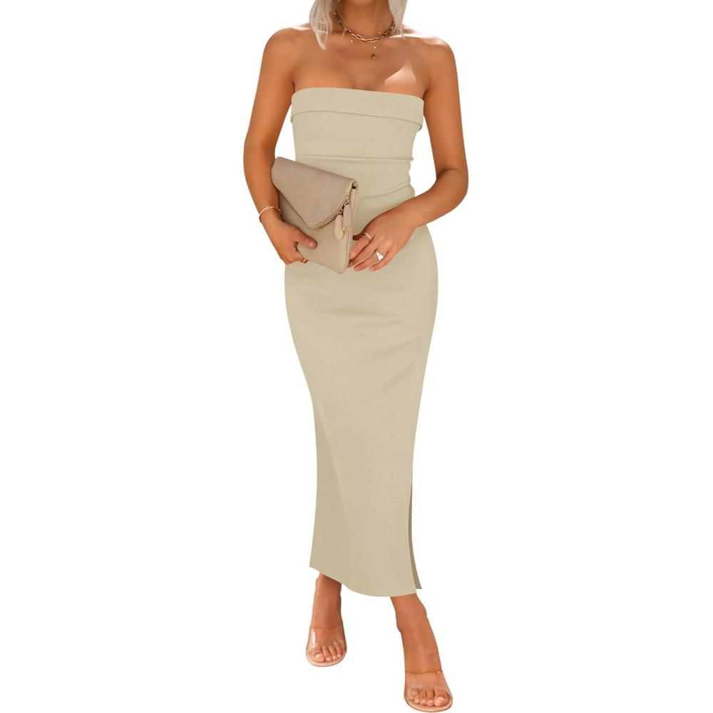 imageZESICA Womens 2025 Summer Strapless Bodycon Midi Dress Off Shoulder Strapless Side Slit Tube Long Club Party DressesSand