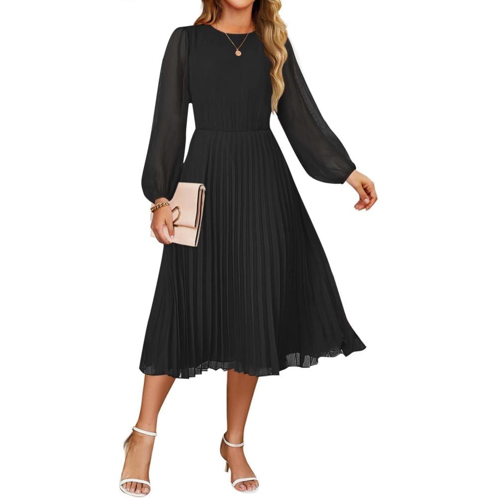 imageZESICA Womens Fall Long Sleeve Dresses 2025 Casual Crewneck Chiffon Swing Pleated A Line Cocktail Party Midi DressBlack