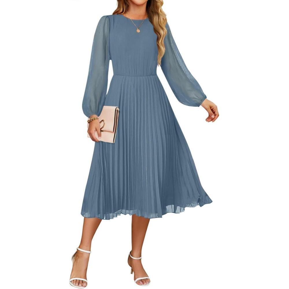 imageZESICA Womens Fall Long Sleeve Dresses 2025 Casual Crewneck Chiffon Swing Pleated A Line Cocktail Party Midi DressDusty Blue