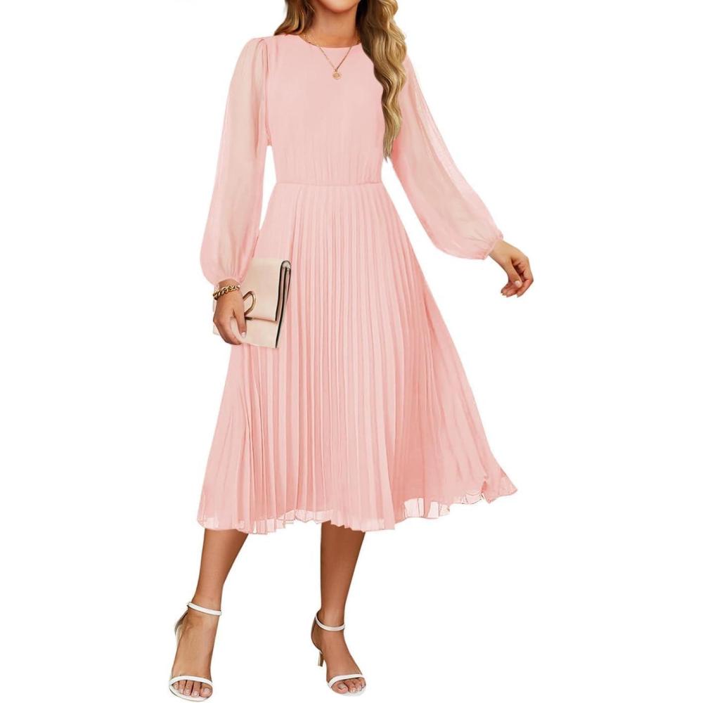 imageZESICA Womens Fall Long Sleeve Dresses 2025 Casual Crewneck Chiffon Swing Pleated A Line Cocktail Party Midi DressLight Pink