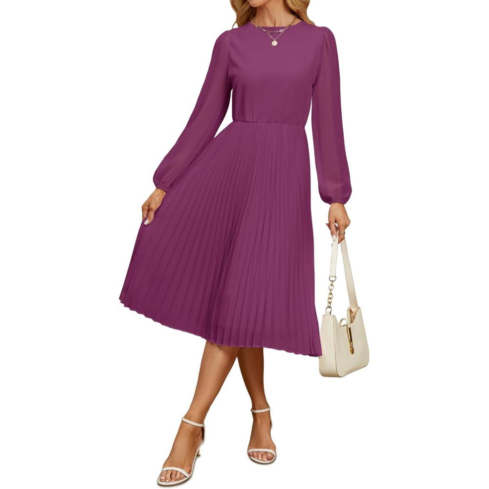 imageZESICA Womens Fall Long Sleeve Dresses 2025 Casual Crewneck Chiffon Swing Pleated A Line Cocktail Party Midi DressPlum