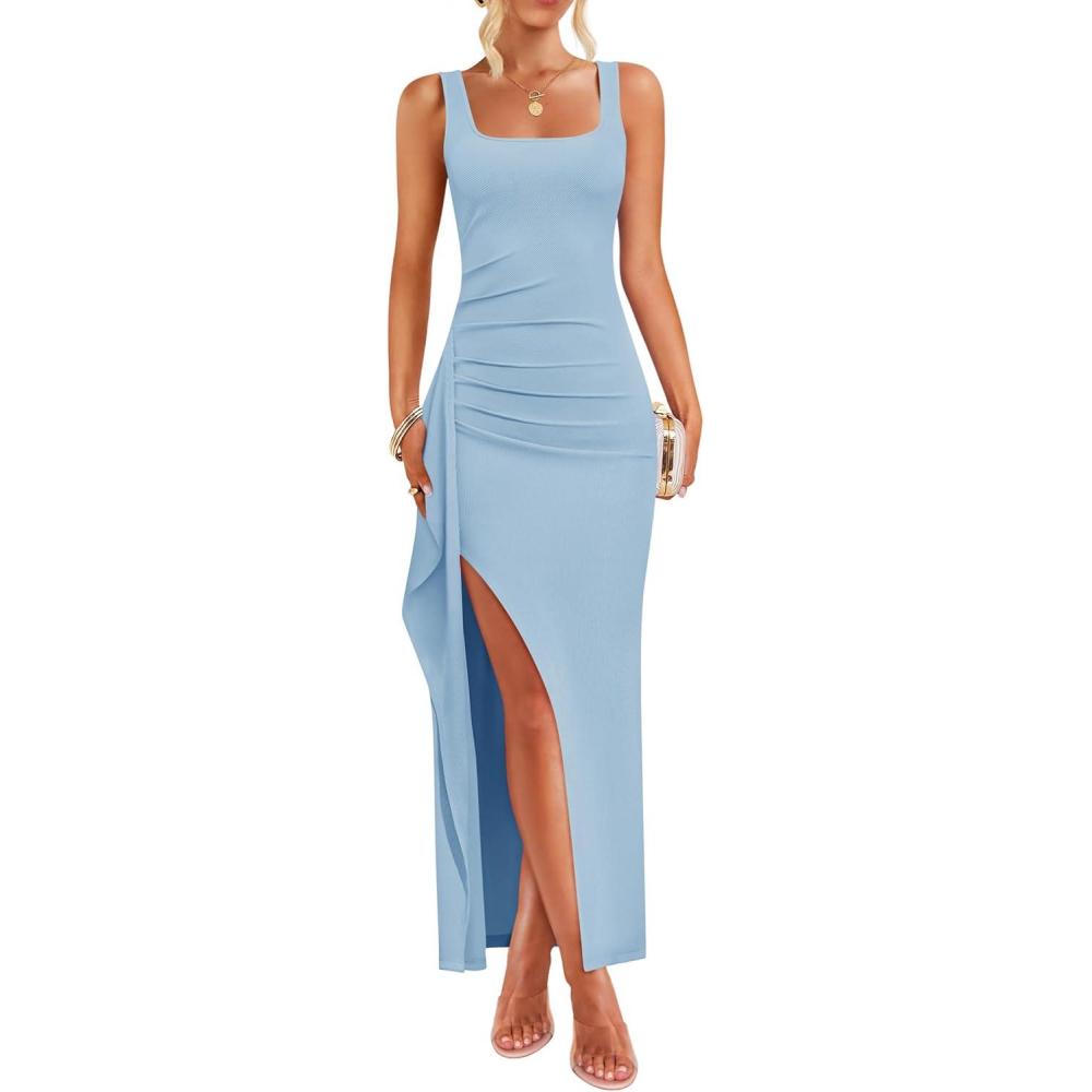 imageZESICA Womens Sleeveless Formal Maxi Dresses 2025 Summer Square Neck High Split Cocktail Party Bodycon Long DressBlue