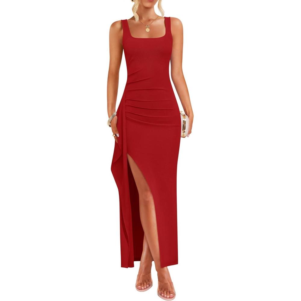 imageZESICA Womens Sleeveless Formal Maxi Dresses 2025 Summer Square Neck High Split Cocktail Party Bodycon Long DressRed