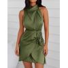 imageZESICA Womens 2025 Fashion Satin Sleeveless Halter Neck Tie Waist Wrap Bodycon Cocktail Party Mini DressArmygreen