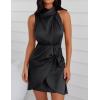imageZESICA Womens 2025 Fashion Satin Sleeveless Halter Neck Tie Waist Wrap Bodycon Cocktail Party Mini DressBlack