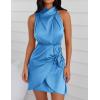 imageZESICA Womens 2025 Fashion Satin Sleeveless Halter Neck Tie Waist Wrap Bodycon Cocktail Party Mini DressBlue