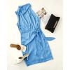 imageZESICA Womens 2025 Fashion Satin Sleeveless Halter Neck Tie Waist Wrap Bodycon Cocktail Party Mini DressBlue