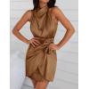 imageZESICA Womens 2025 Fashion Satin Sleeveless Halter Neck Tie Waist Wrap Bodycon Cocktail Party Mini DressBrown