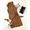 imageZESICA Womens 2025 Fashion Satin Sleeveless Halter Neck Tie Waist Wrap Bodycon Cocktail Party Mini DressBrown