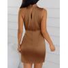 imageZESICA Womens 2025 Fashion Satin Sleeveless Halter Neck Tie Waist Wrap Bodycon Cocktail Party Mini DressBrown
