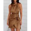 imageZESICA Womens 2025 Fashion Satin Sleeveless Halter Neck Tie Waist Wrap Bodycon Cocktail Party Mini DressBrown