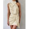 imageZESICA Womens 2025 Fashion Satin Sleeveless Halter Neck Tie Waist Wrap Bodycon Cocktail Party Mini DressChampagne
