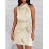 imageZESICA Womens 2025 Fashion Satin Sleeveless Halter Neck Tie Waist Wrap Bodycon Cocktail Party Mini DressChampagne