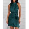 imageZESICA Womens 2025 Fashion Satin Sleeveless Halter Neck Tie Waist Wrap Bodycon Cocktail Party Mini DressEmeraldgreen