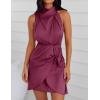 imageZESICA Womens 2025 Fashion Satin Sleeveless Halter Neck Tie Waist Wrap Bodycon Cocktail Party Mini DressFuchsia