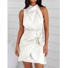 imageZESICA Womens 2025 Fashion Satin Sleeveless Halter Neck Tie Waist Wrap Bodycon Cocktail Party Mini DressIvory