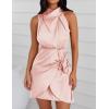 imageZESICA Womens 2025 Fashion Satin Sleeveless Halter Neck Tie Waist Wrap Bodycon Cocktail Party Mini DressLightpink