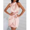 imageZESICA Womens 2025 Fashion Satin Sleeveless Halter Neck Tie Waist Wrap Bodycon Cocktail Party Mini DressLightpink